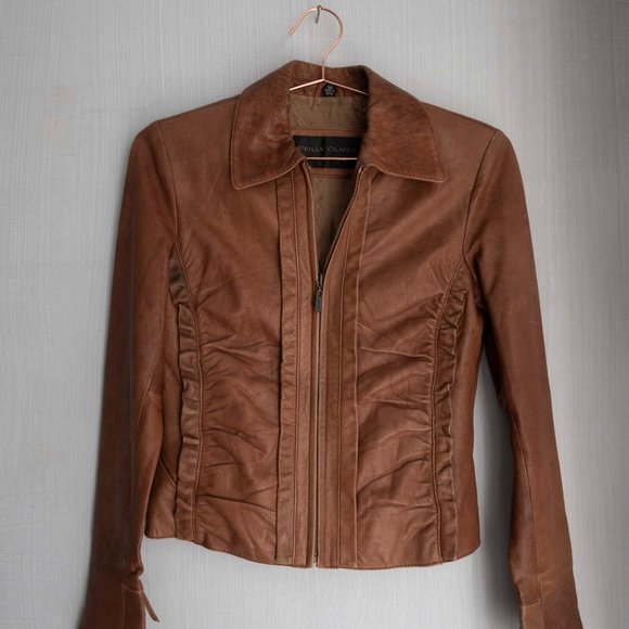 VINTAGE Lace-up Sleeve Ruched Leather Jacket - Picture 2 of 8